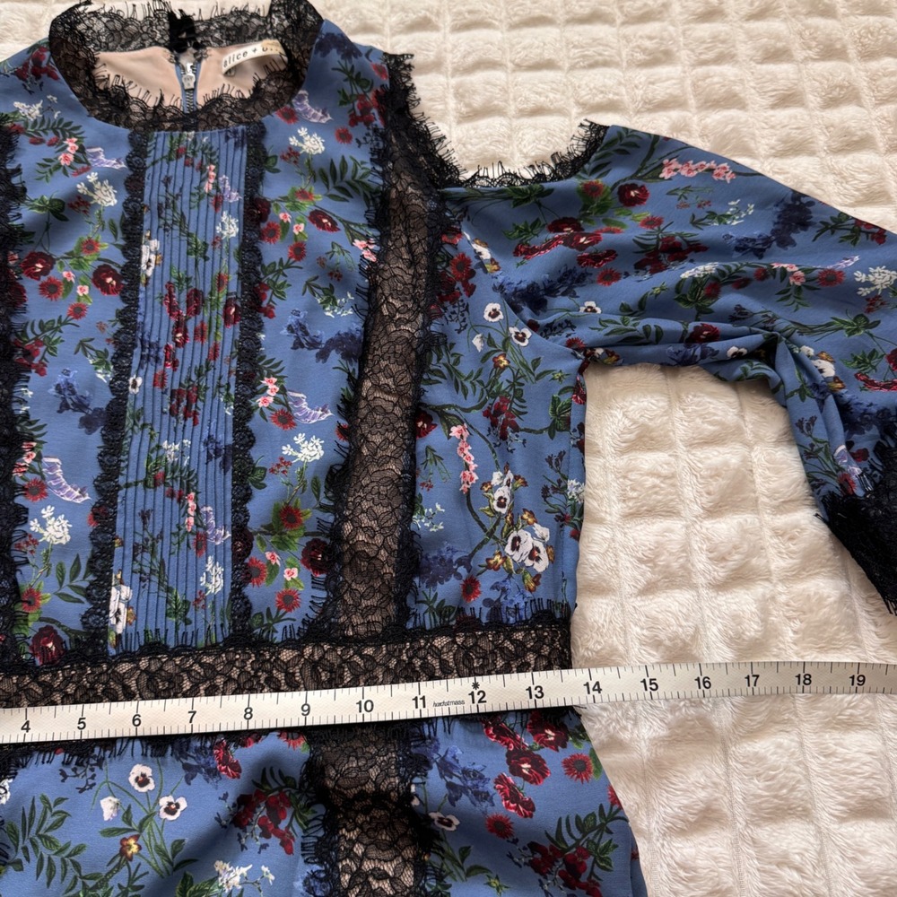 Alice + Olivia 6 Gatz Blue Floral Lace Trim Maxi Dress Peasant Boho Festival - Picture 6 of 9